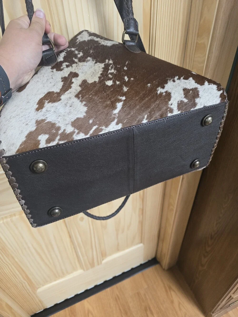 Brown and White Cowhide Dome Satchel - Women's Shoulder Bag